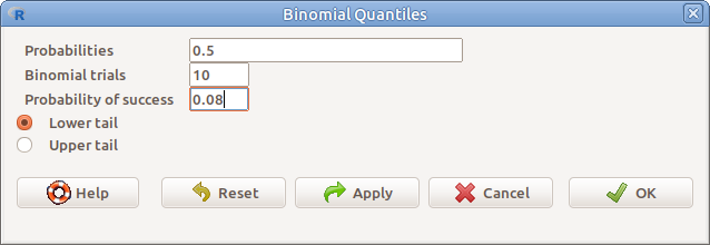 ábra Binomiális eloszlás kvantilise: Distributions &rarr; Discrete distributions &rarr; Binomial distribution* &rarr; Binomial quantiles*