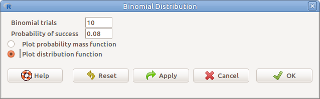 ábra Binomiális eloszlás ábrázolása: *Distributions &rarr; Disctrete distributions &rarr; Binomial distribution &rarr; Plot binomial distribution*