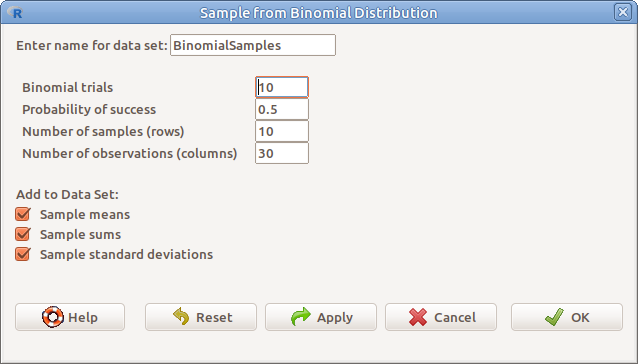 Mintavétel binomiális eloszlásból: *Distributions &rarr; Discrete distributions &rarr; Binomial distribution &rarr; Sample from binomial distribution*
