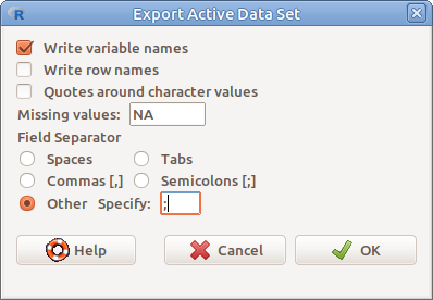 Adattábla exportálása: *Data &rarr; Active data set &rarr; Export active data set...*