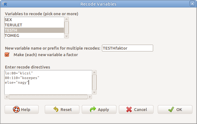 ábra Változók átkódolása: *Data &rarr; Manage variables in active data set &rarr; Recode variables*