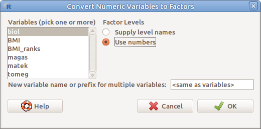 ábra Faktorrá alakítás: *Data &rarr; Manage Variables in Active Dataset &rarr; Convert Numeric Variables to Factors*