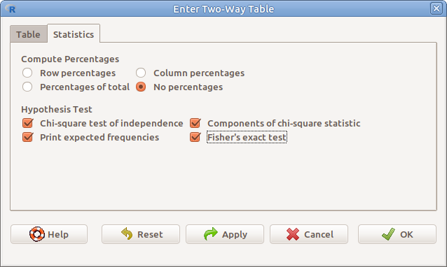 ábra Kézzel felvitt kétdimenziós tábla elemzési beállításai: *Statistics &rarr; Contingency tables &rarr; Enter and analyze two-way table... &rarr; Statistics*