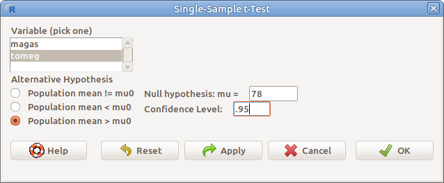 ábra Egymintás *t*-próba: *Statistics &rarr; Means &rarr; Single sample t-test...*