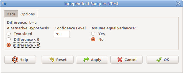 ábra Kétmintás *t*-próba: *Statistics &rarr; Means &rarr; Independent samples t-test... &rarr; Options*