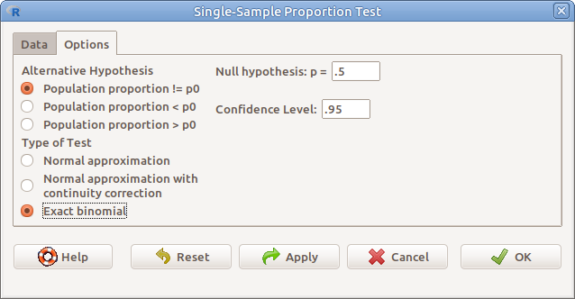 ábra Egy arány vizsgálatának beállításai: *Statistics &rarr; Proportions &rarr; Single-sample proportion test... &rarr; Options*