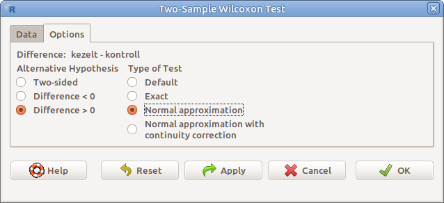 ábra Kétmintás Wilcoxon--Mann--Whitney próba: *Statistics &rarr; Nonparametric tests &rarr; Two-samples Wilcoxon test... &rarr; Options*