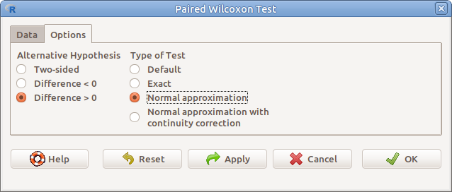 ábra Páros Wilcoxon--próba beállításai: *Statistics &rarr; Nonparametric tests &rarr; Paired-samples Wilcoxon test... &rarr; Options*